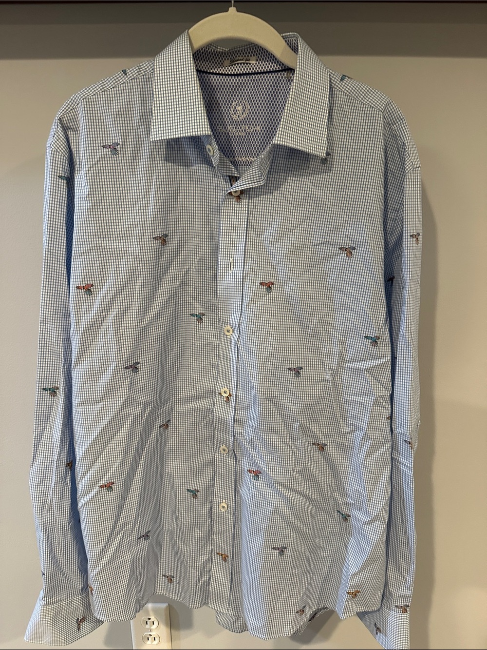 Bugatchi Light Blue Micro-Check Dress Shirt with Tropical Bird Embroidery